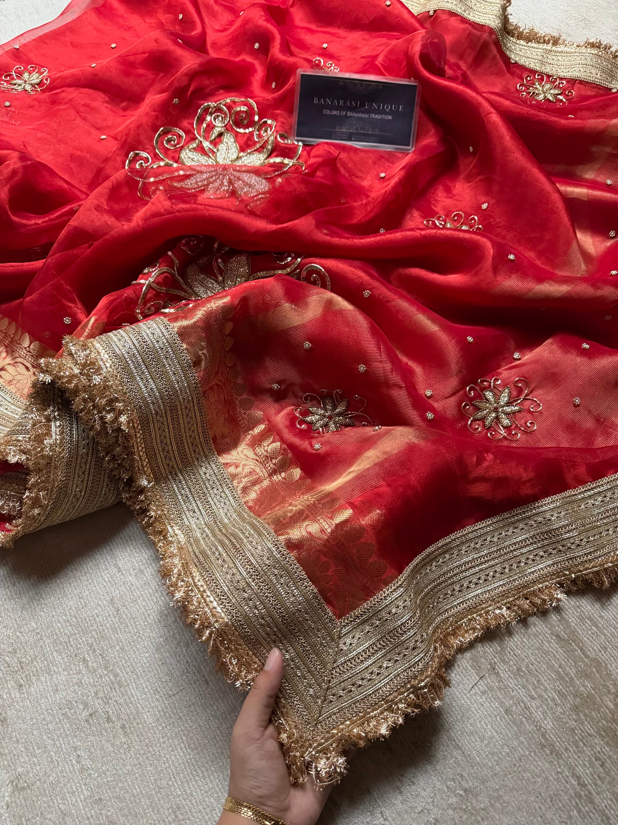 Teej Special Pure Tissue Silk Banarasi Saree – Red Hand Embroidered Luxury Saree
