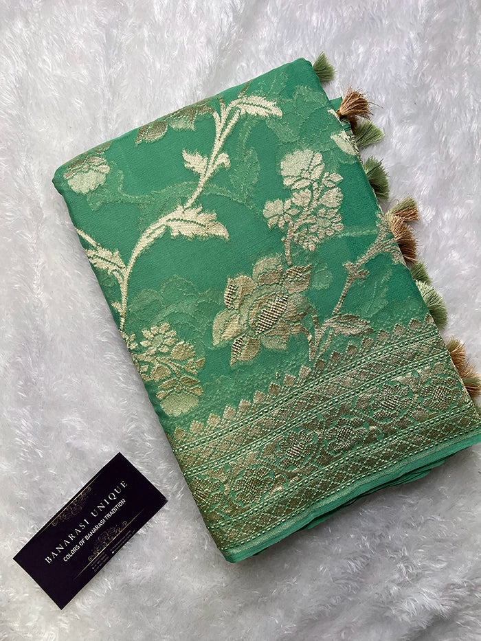 KHADDI GEORGETTE BIG FLORAL JAAL WATER ZARI SAREE - SAGE GREEN