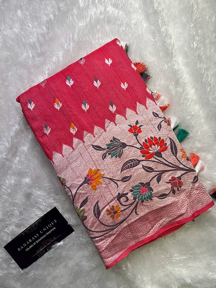 TUSSAR GEORGETTE PATHANI BORDER SAREE - BERRY PINK