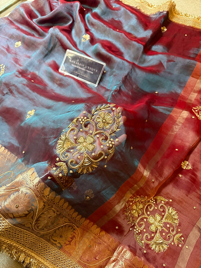 PURE TISSUE SILK VINE BUTA SAREE - DHOOP CHAAV WINE & TEAL