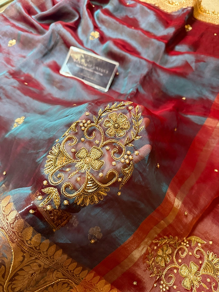PURE TISSUE SILK VINE BUTA SAREE - DHOOP CHAAV WINE & TEAL