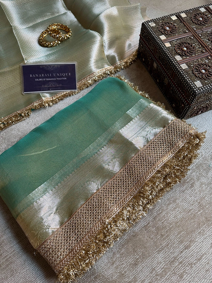 PLAIN PURE TISSUE SAREE with BROCADE BLOUSE -  AQUA GREEN