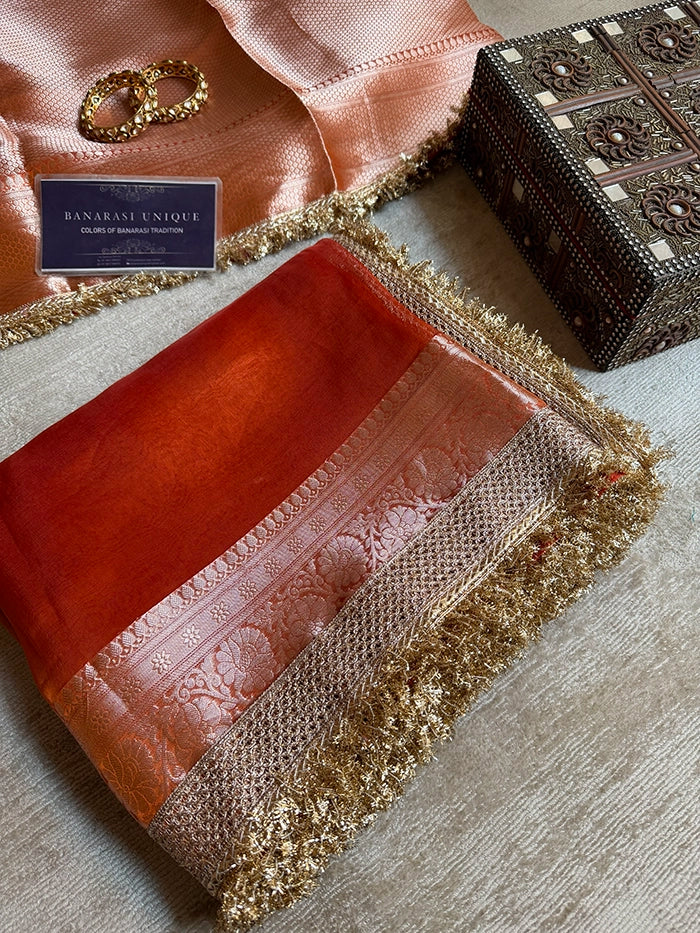 PLAIN PURE TISSUE SAREE with BROCADE BLOUSE -  CANDY ORANGE