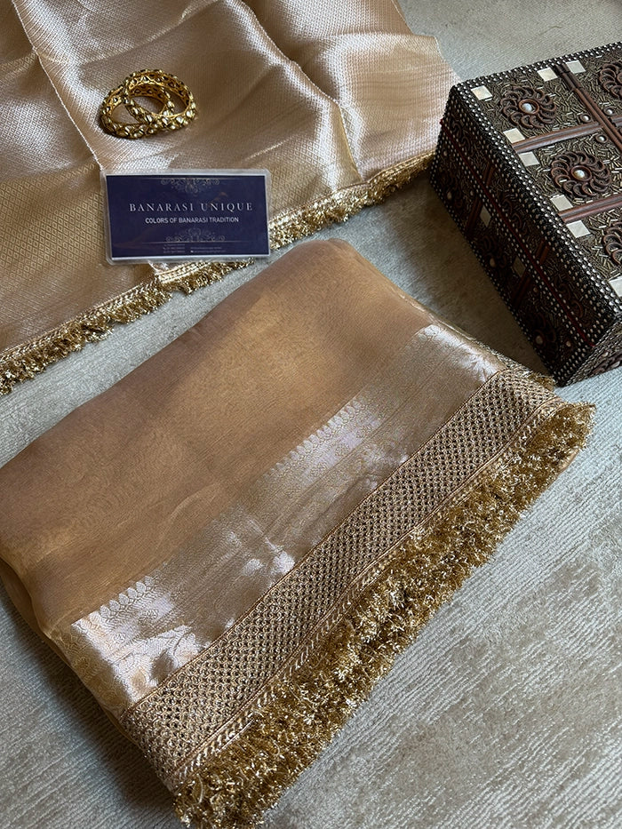 PLAIN PURE TISSUE SAREE with BROCADE BLOUSE - LIGHT GOLD