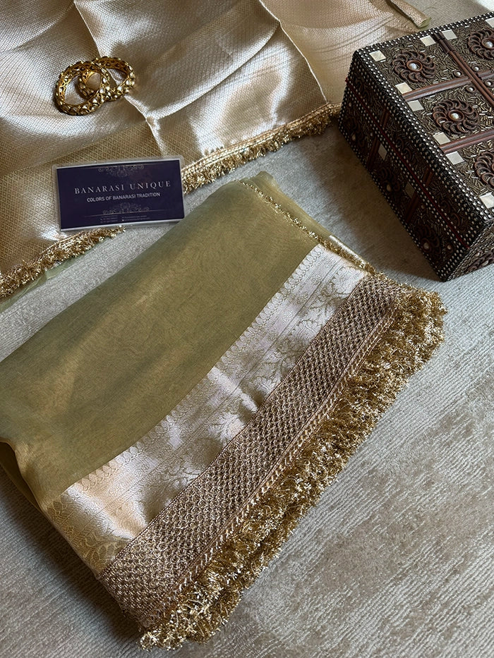 PLAIN PURE TISSUE SAREE with BROCADE BLOUSE -  OLIVE GREEN