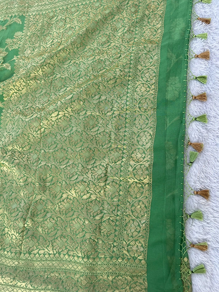 KHADDI GEORGETTE BIG FLORAL JAAL WATER ZARI SAREE - SAGE GREEN