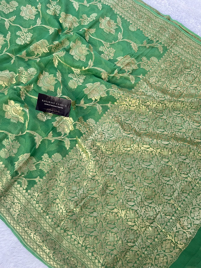 KHADDI GEORGETTE BIG FLORAL JAAL WATER ZARI SAREE - SAGE GREEN
