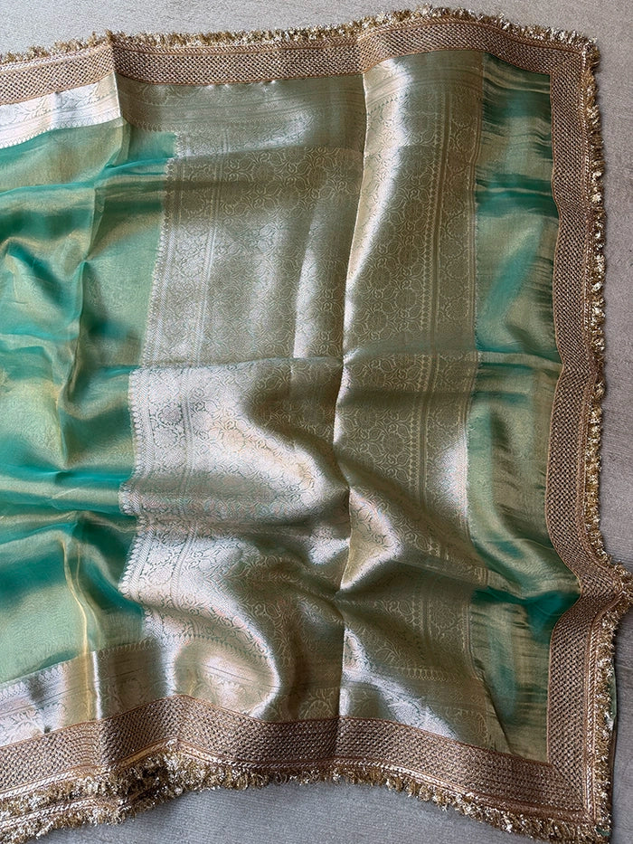 PLAIN PURE TISSUE SAREE with BROCADE BLOUSE -  AQUA GREEN