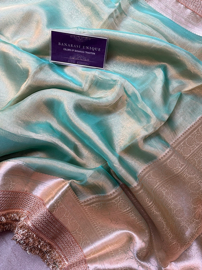 PLAIN PURE TISSUE SAREE with BROCADE BLOUSE -  AQUA GREEN