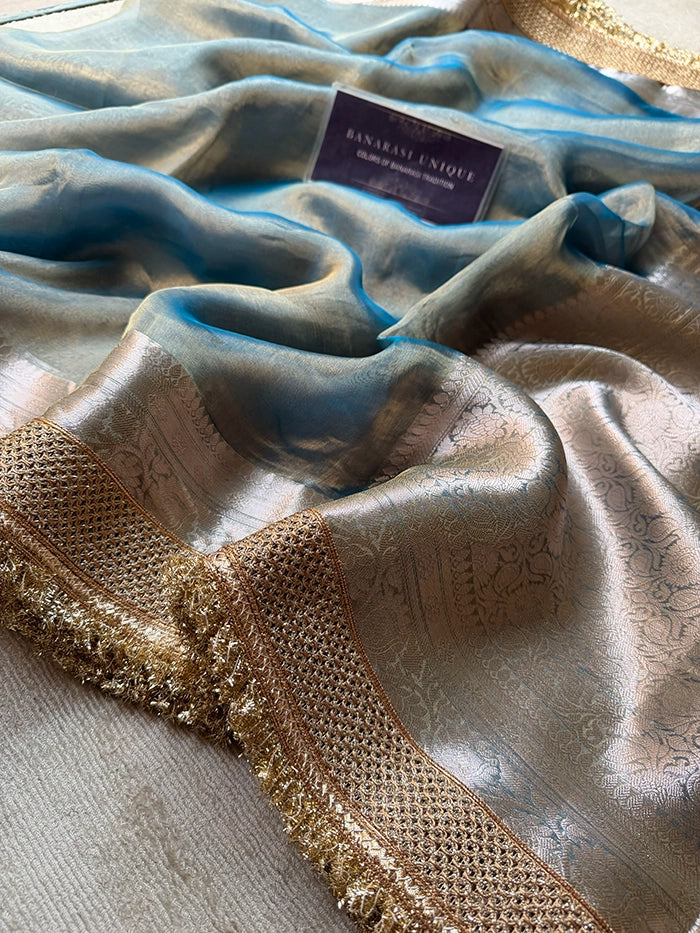 PLAIN PURE TISSUE SAREE with BROCADE BLOUSE - METALLIC BLUE