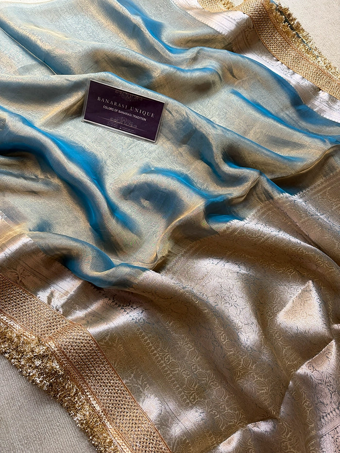 PLAIN PURE TISSUE SAREE with BROCADE BLOUSE - METALLIC BLUE