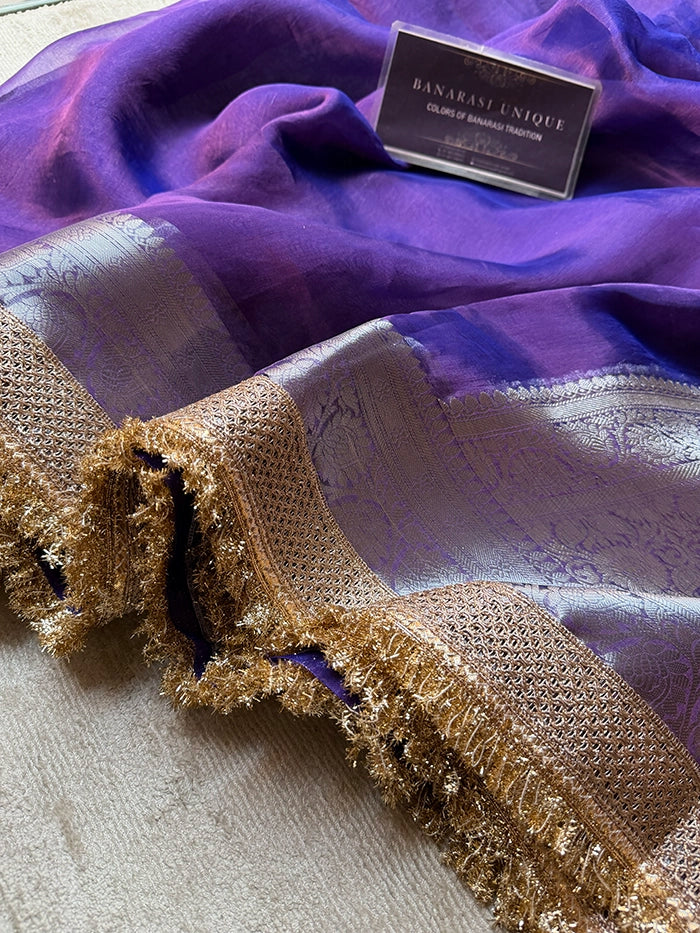 PLAIN PURE TISSUE SAREE with BROCADE BLOUSE - PURPLE