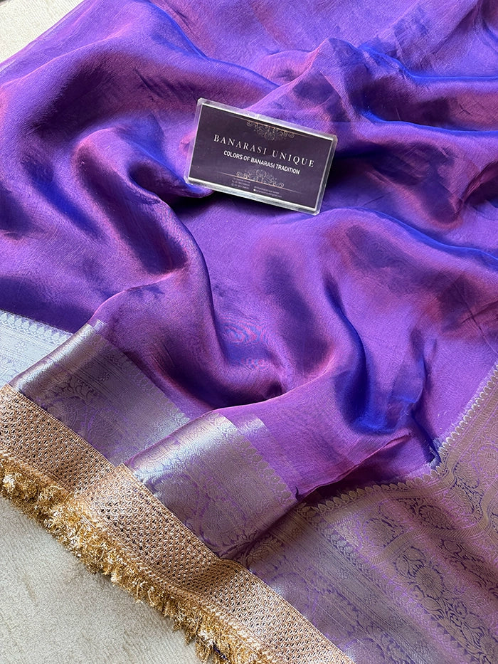 PLAIN PURE TISSUE SAREE with BROCADE BLOUSE - PURPLE