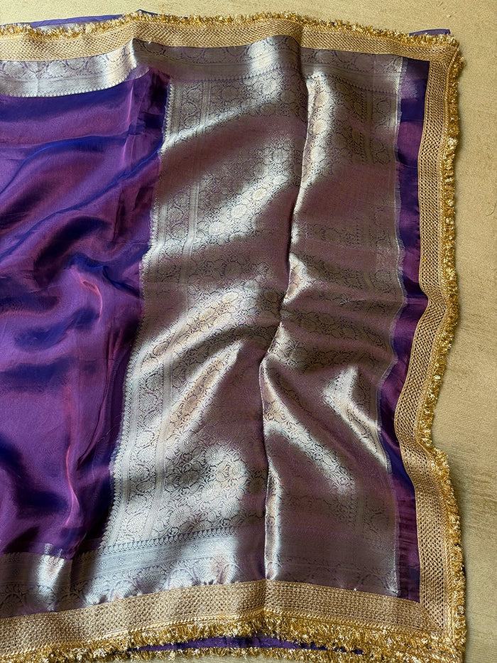 PLAIN PURE TISSUE SAREE with BROCADE BLOUSE - PURPLE