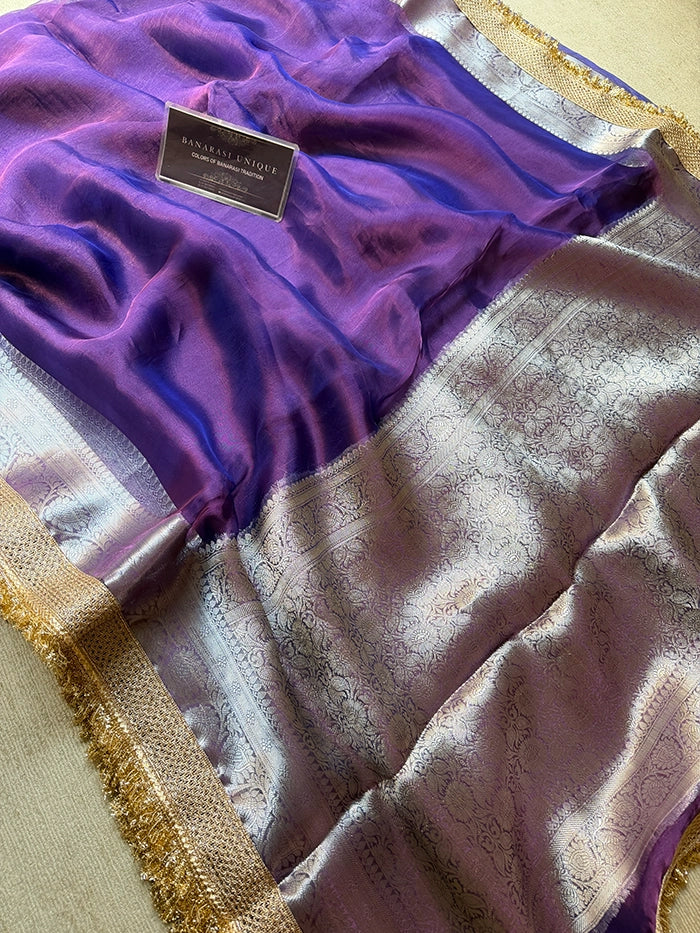 PLAIN PURE TISSUE SAREE with BROCADE BLOUSE - PURPLE