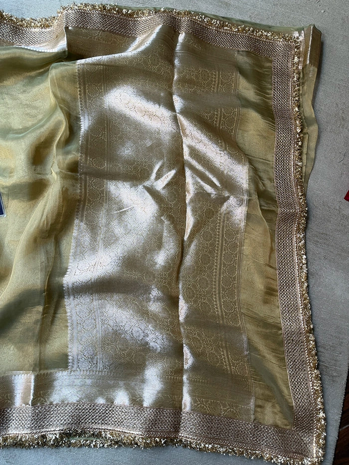 PLAIN PURE TISSUE SAREE with BROCADE BLOUSE -  OLIVE GREEN