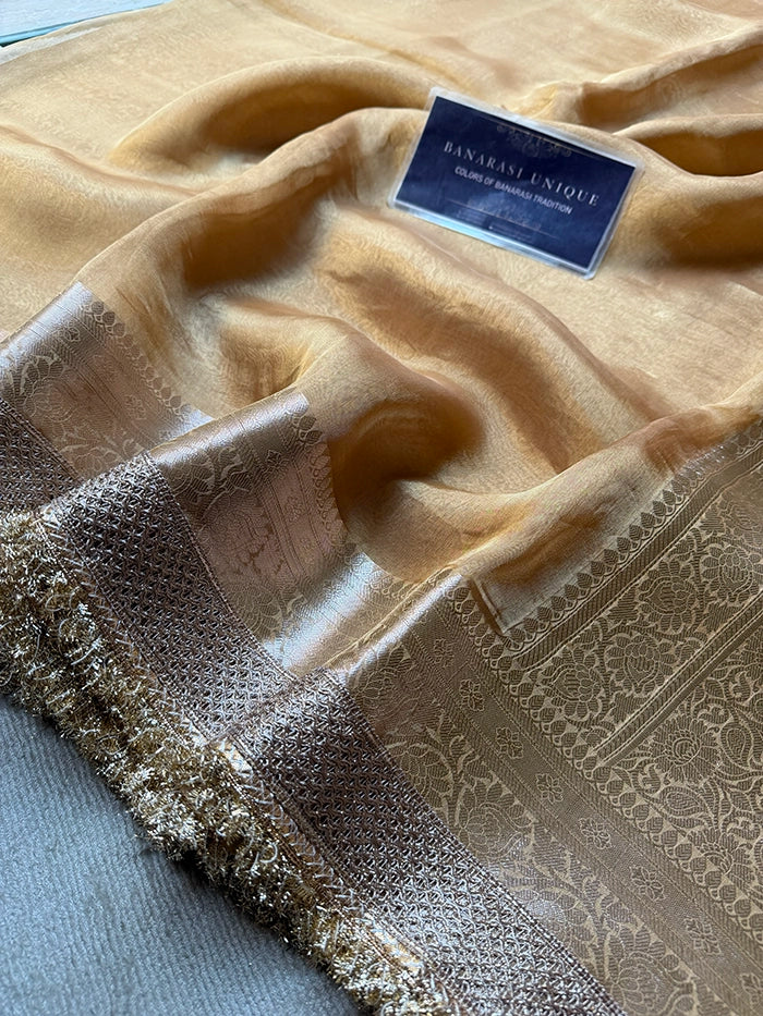 PLAIN PURE TISSUE SAREE with BROCADE BLOUSE -  CHAMPAGNE GOLD
