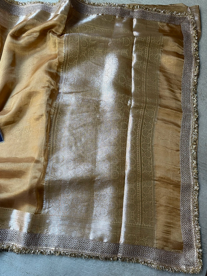 PLAIN PURE TISSUE SAREE with BROCADE BLOUSE -  CHAMPAGNE GOLD