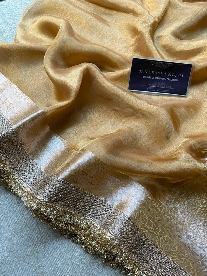 PLAIN PURE TISSUE SAREE with BROCADE BLOUSE -  CHAMPAGNE GOLD