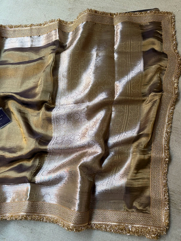PLAIN PURE TISSUE SAREE with BROCADE BLOUSE - COFFEE BROWN