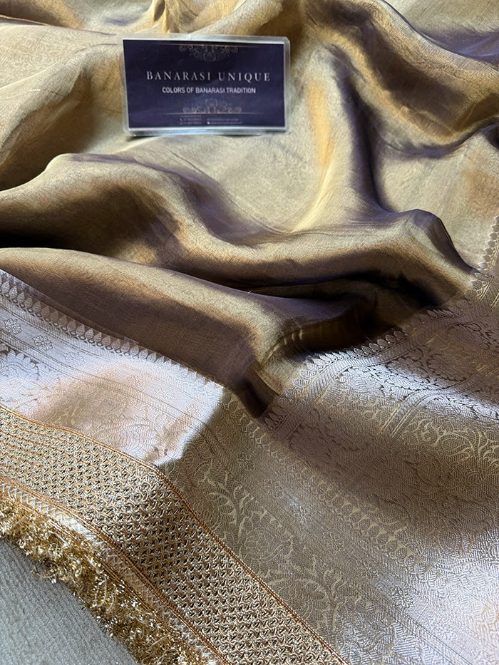 PLAIN PURE TISSUE SAREE with BROCADE BLOUSE - COFFEE BROWN