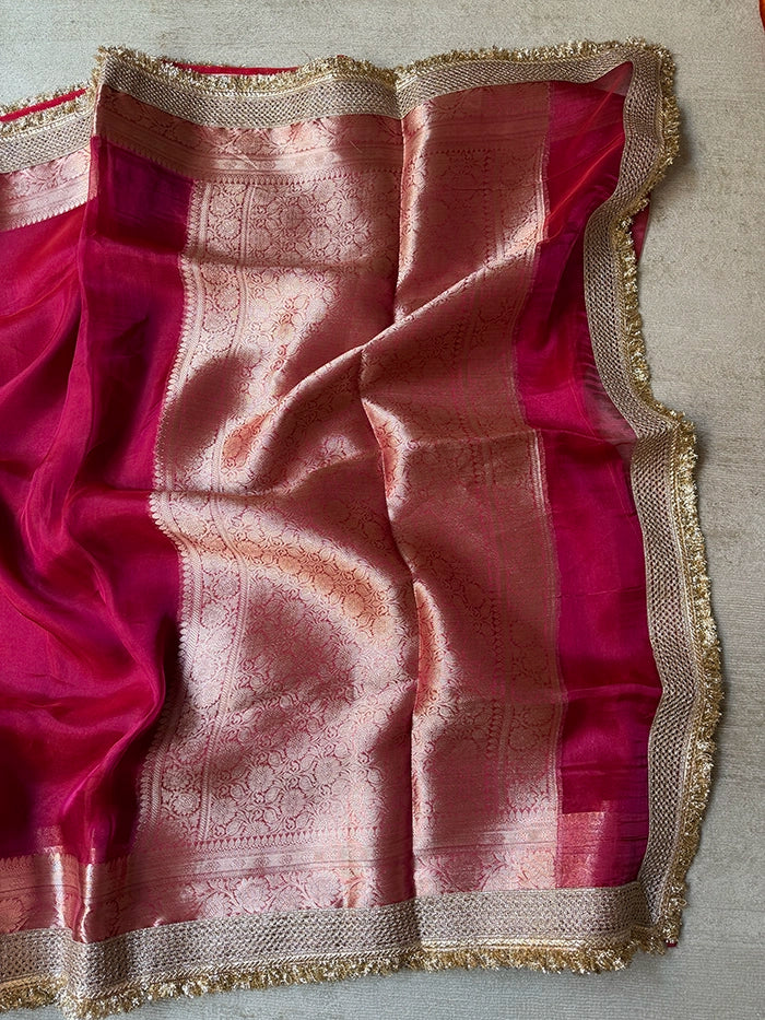 PLAIN PURE TISSUE SAREE with BROCADE BLOUSE - RANI PINK