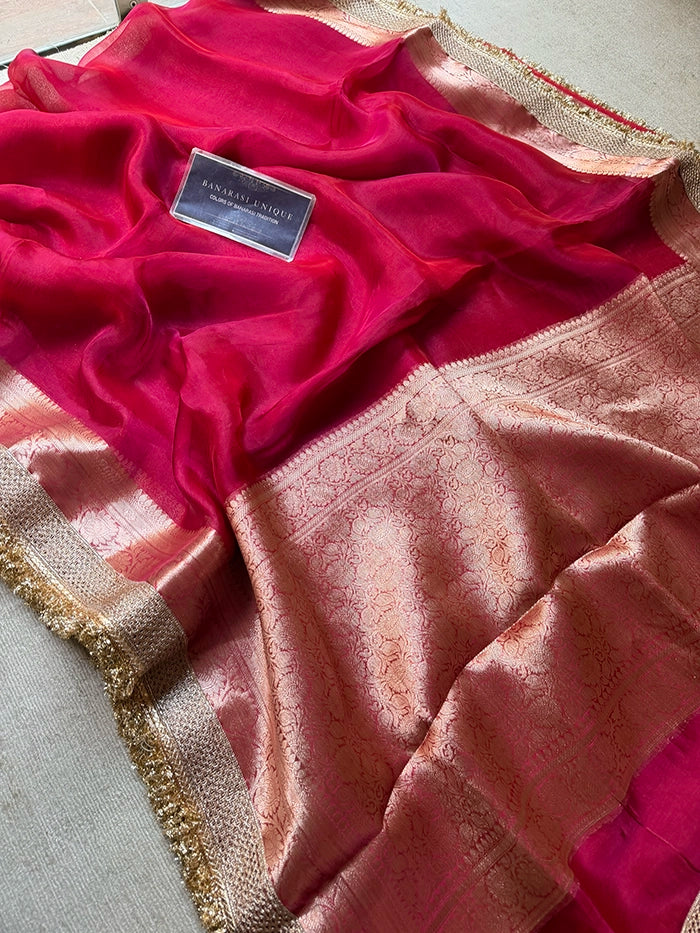 PLAIN PURE TISSUE SAREE with BROCADE BLOUSE - RANI PINK