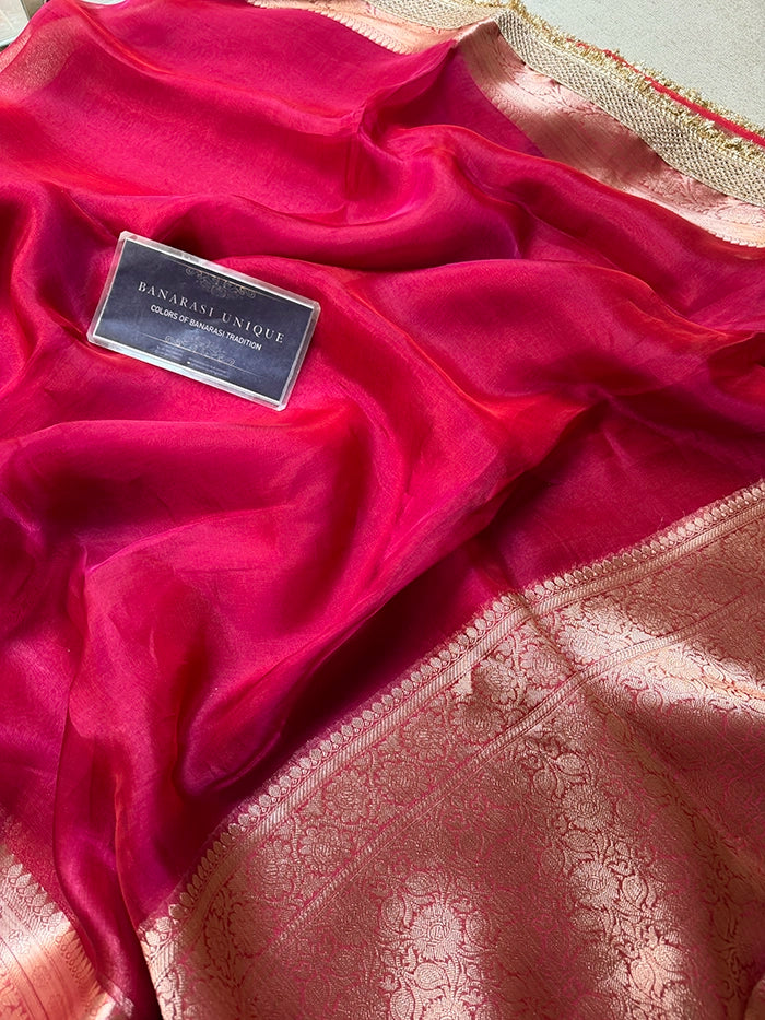 PLAIN PURE TISSUE SAREE with BROCADE BLOUSE - RANI PINK