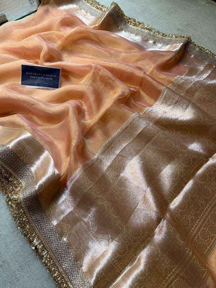 PLAIN PURE TISSUE SAREE with BROCADE BLOUSE - PEACH