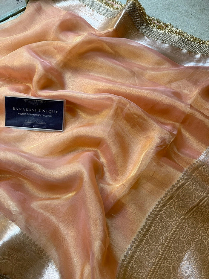 PLAIN PURE TISSUE SAREE with BROCADE BLOUSE - PEACH