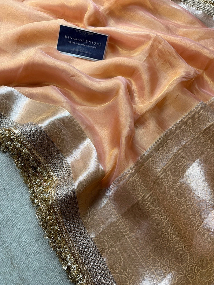 PLAIN PURE TISSUE SAREE with BROCADE BLOUSE - PEACH