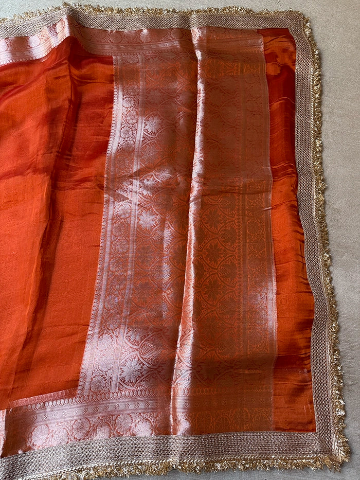 PLAIN PURE TISSUE SAREE with BROCADE BLOUSE -  CANDY ORANGE