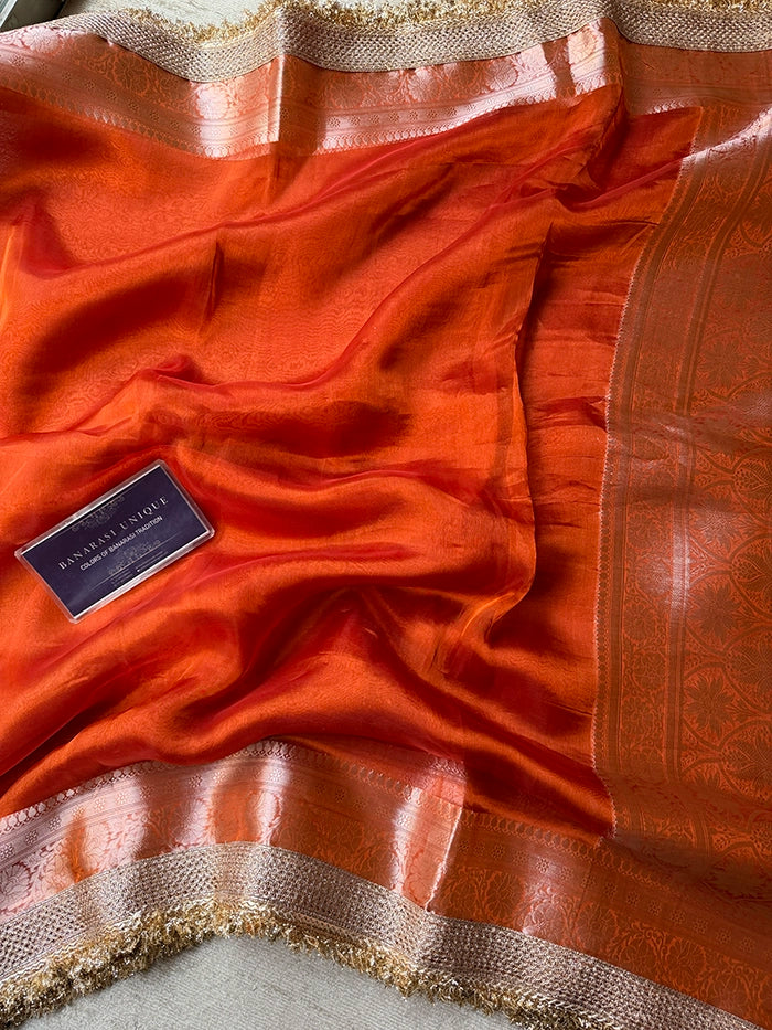 PLAIN PURE TISSUE SAREE with BROCADE BLOUSE -  CANDY ORANGE