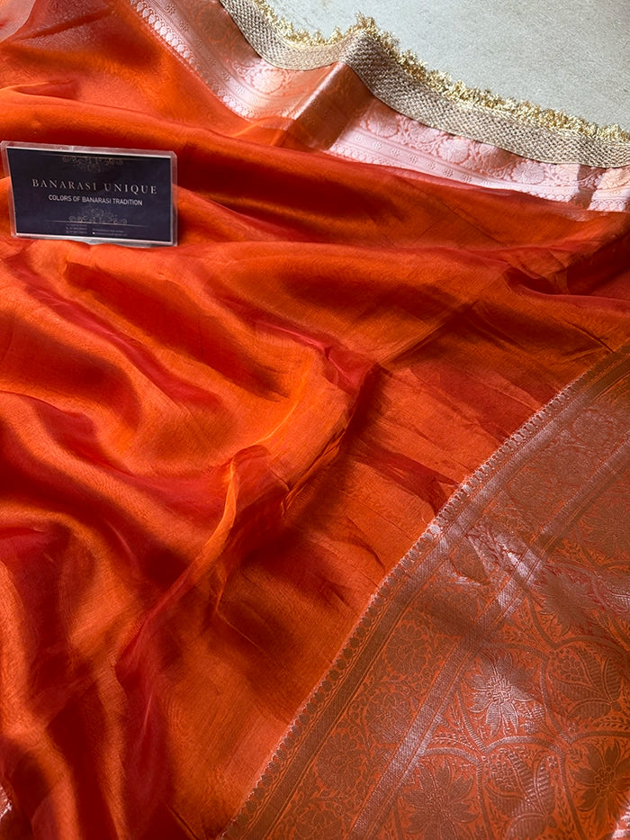 PLAIN PURE TISSUE SAREE with BROCADE BLOUSE -  CANDY ORANGE
