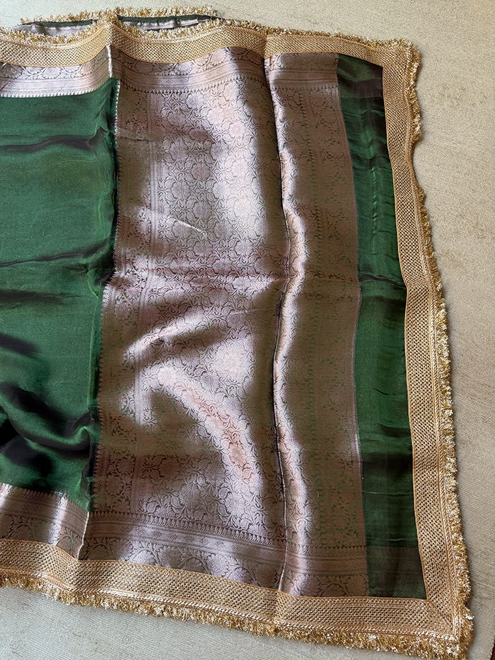 PLAIN PURE TISSUE SAREE with BROCADE BLOUSE -  BOTTLE GREEN