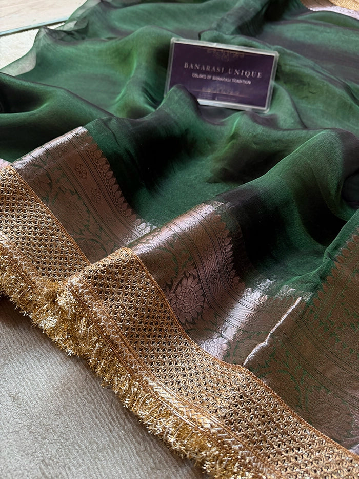 PLAIN PURE TISSUE SAREE with BROCADE BLOUSE -  BOTTLE GREEN