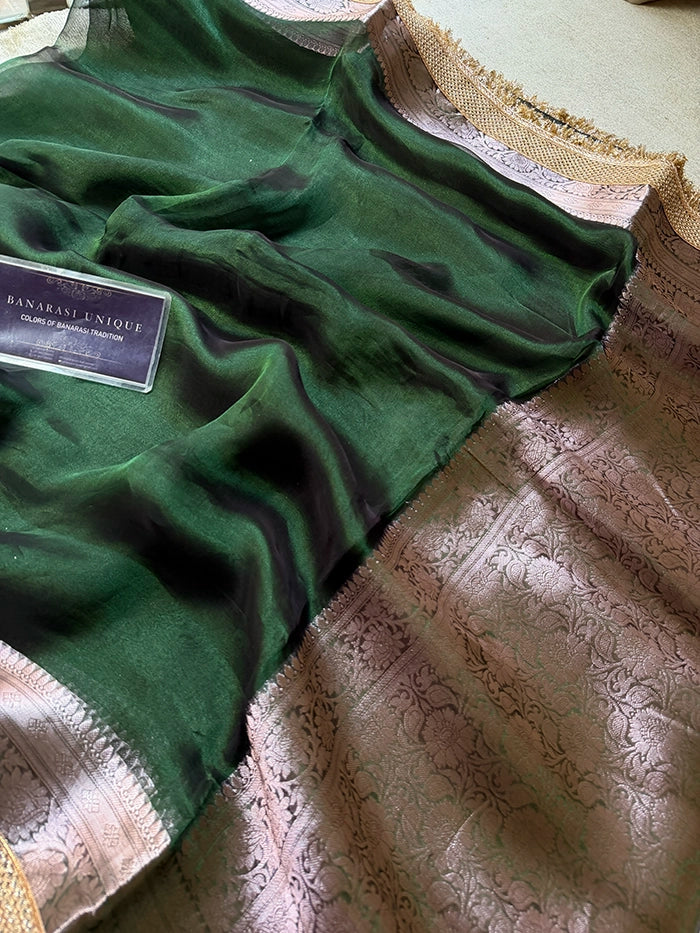 PLAIN PURE TISSUE SAREE with BROCADE BLOUSE -  BOTTLE GREEN