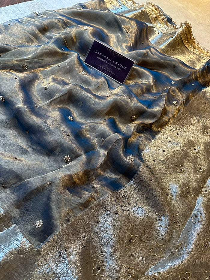 PLAIN FLORAL BUTI SAREE - DHOOP CHAAV BLUE-GREEN