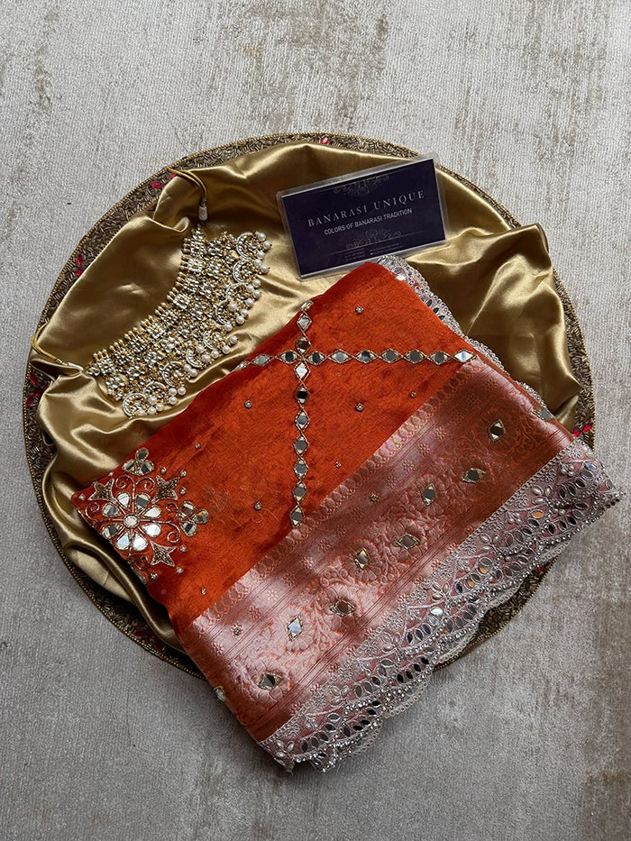 PURE TISSUE SILK MIRROR FLORAL BUTA AND JAAL SAREE - RUST ORANGE