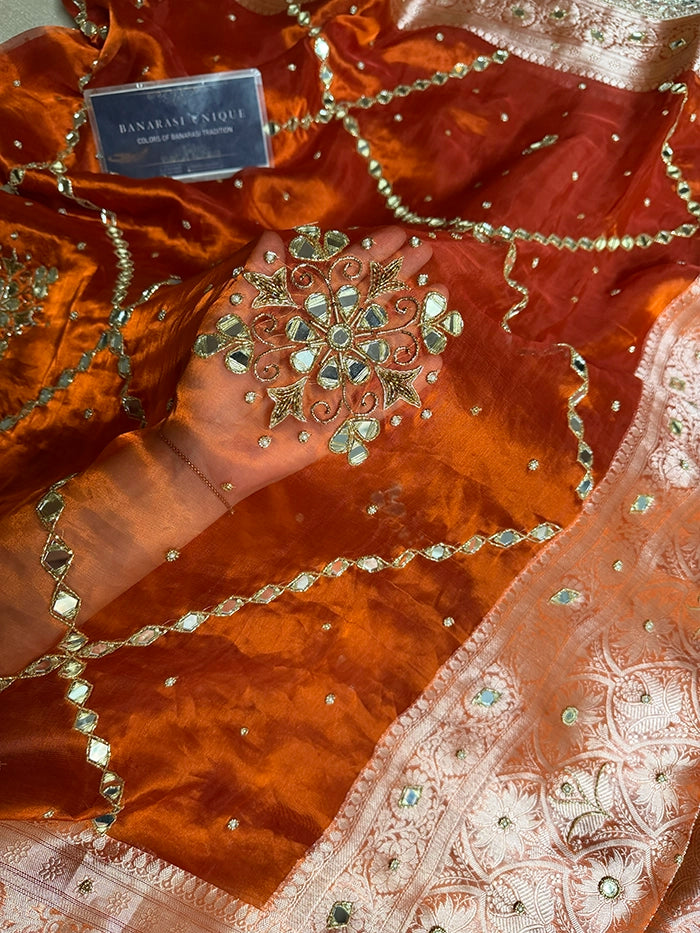 PURE TISSUE SILK MIRROR FLORAL BUTA AND JAAL SAREE - RUST ORANGE