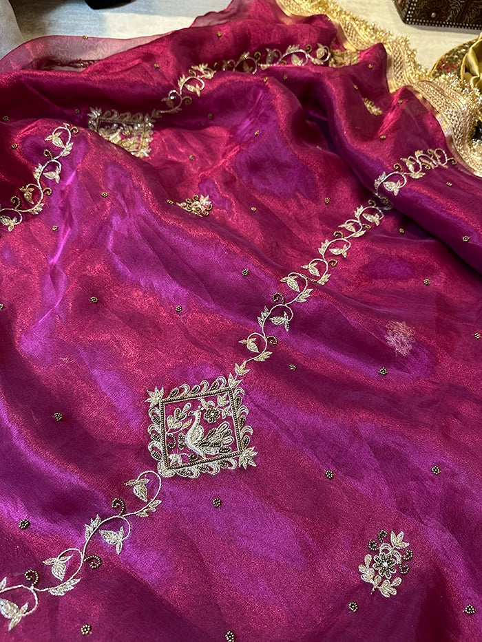 VERTICAL FLORAL PURE TISSUE SAREE - MAGENTA