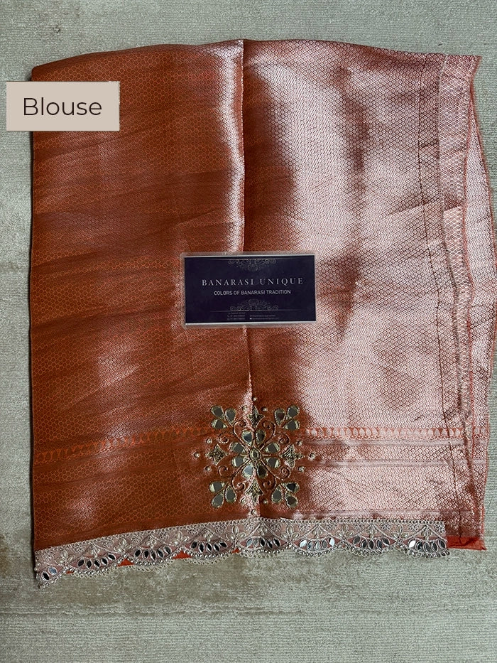 PURE TISSUE SILK MIRROR FLORAL BUTA AND JAAL SAREE - RUST ORANGE