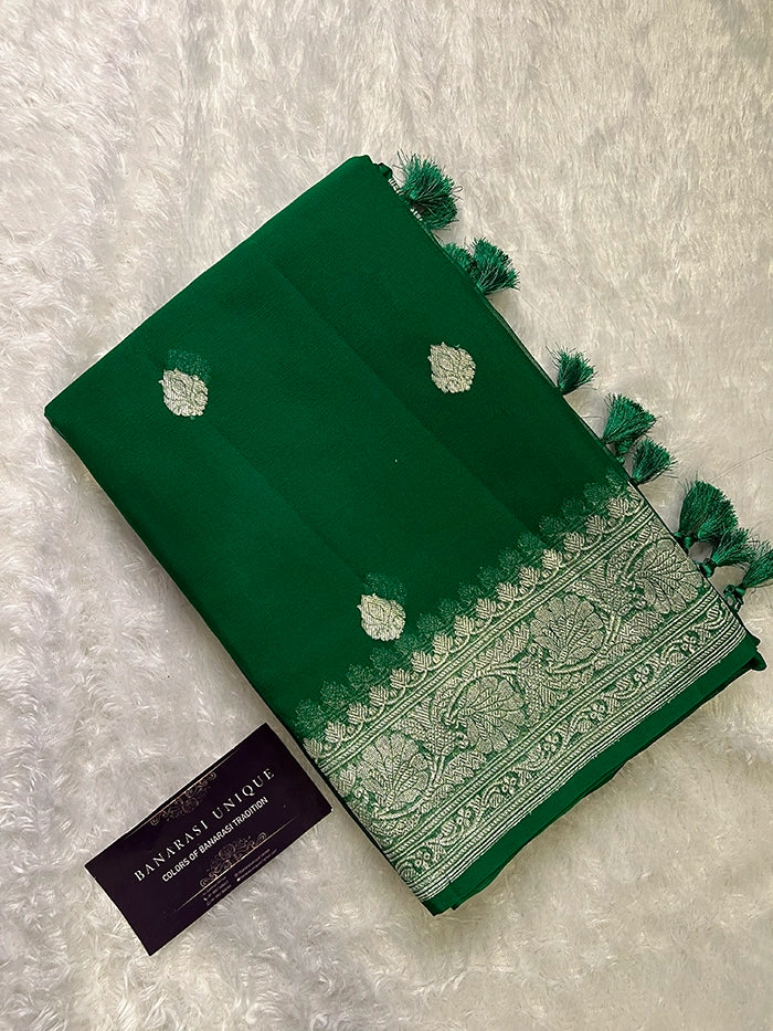 KHADDI CHIFFON SILVER ZARI KADHUWA SAREE - BOTTLE GREEN