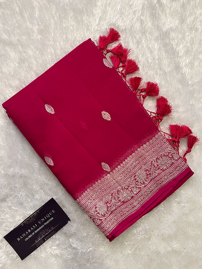 KHADDI CHIFFON SILVER ZARI KADHUWA SAREE - MAGENTA
