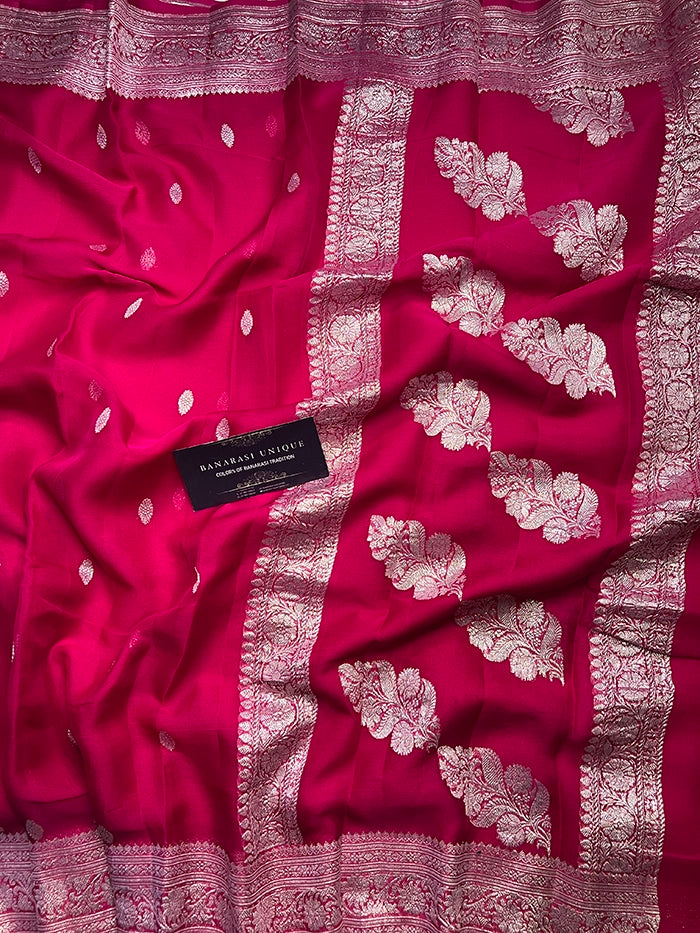 KHADDI CHIFFON SILVER ZARI KADHUWA SAREE - MAGENTA