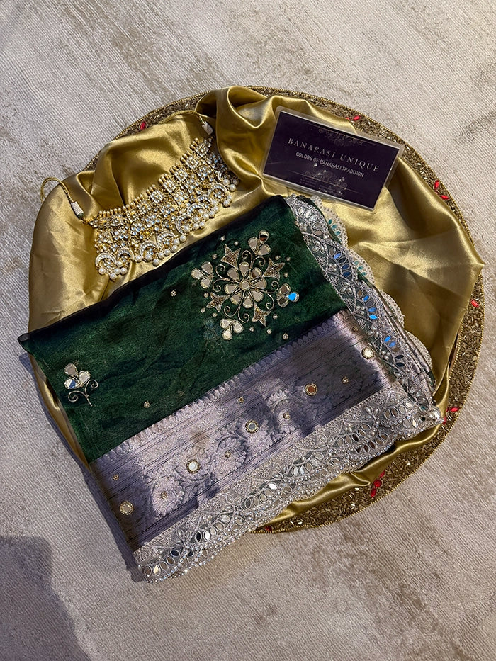 PURE TISSUE SILK FLORAL MIRROR BUTA SAREE - SILVER
