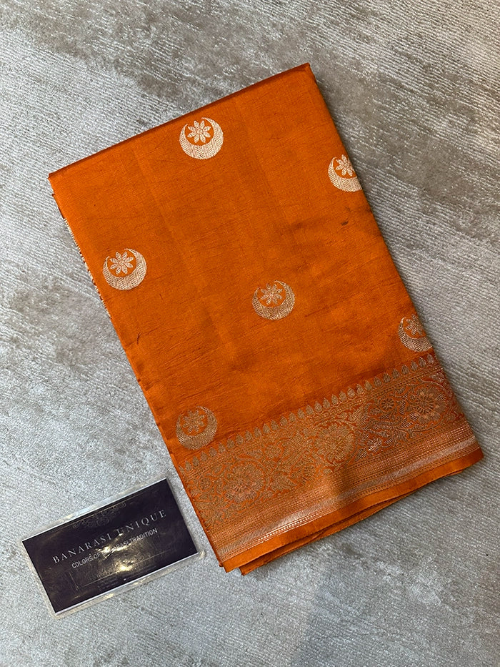 PURE KATAN SILK CHAND TARA SAREE - RUST ORANGE