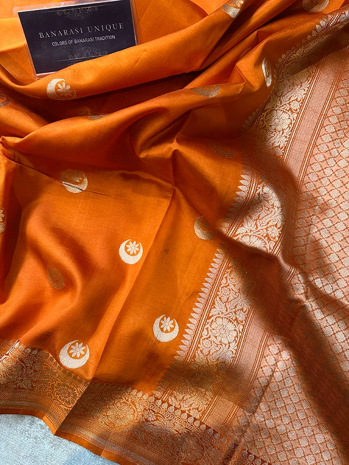 PURE KATAN SILK CHAND TARA SAREE - RUST ORANGE