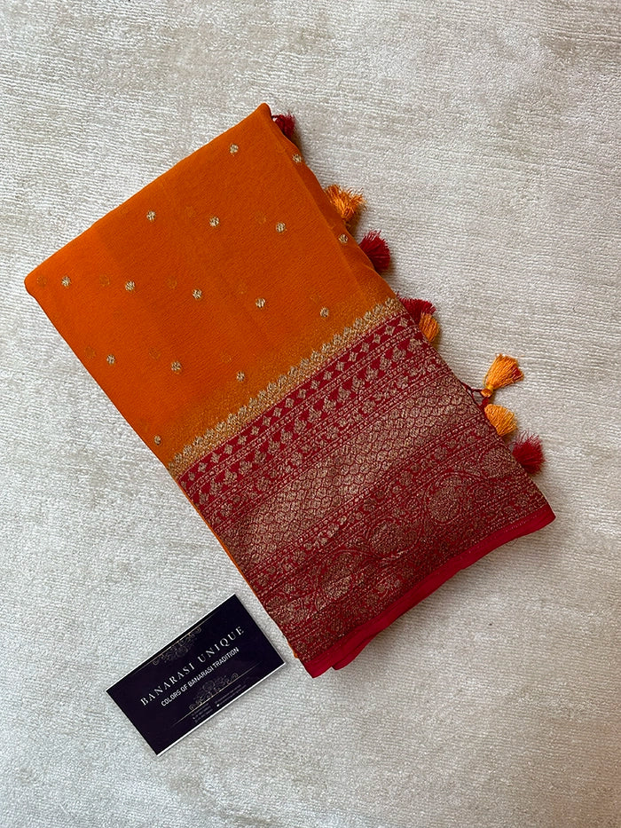 KHADDI GEORGETTE SKIRT BORDER CIRCLE BUTI ANTIQUE ZARI SAREE - CONTRAST BORDER RUST ORANGE WITH RED