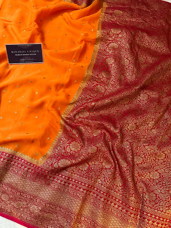 KHADDI GEORGETTE SKIRT BORDER CIRCLE BUTI ANTIQUE ZARI SAREE - CONTRAST BORDER RUST ORANGE WITH RED